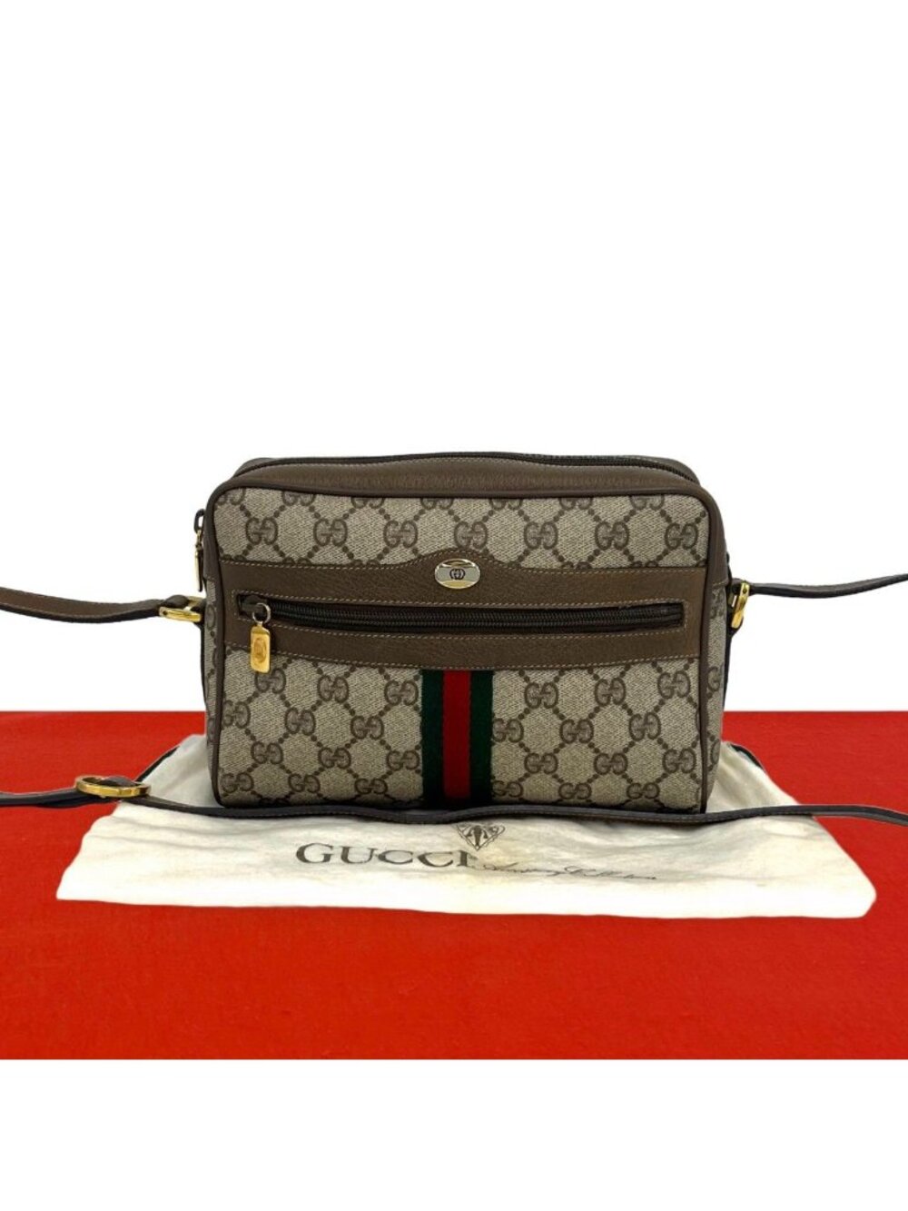 Gucci Vintage Sherry Line GG Logo Leather Shoulder Bag Brown